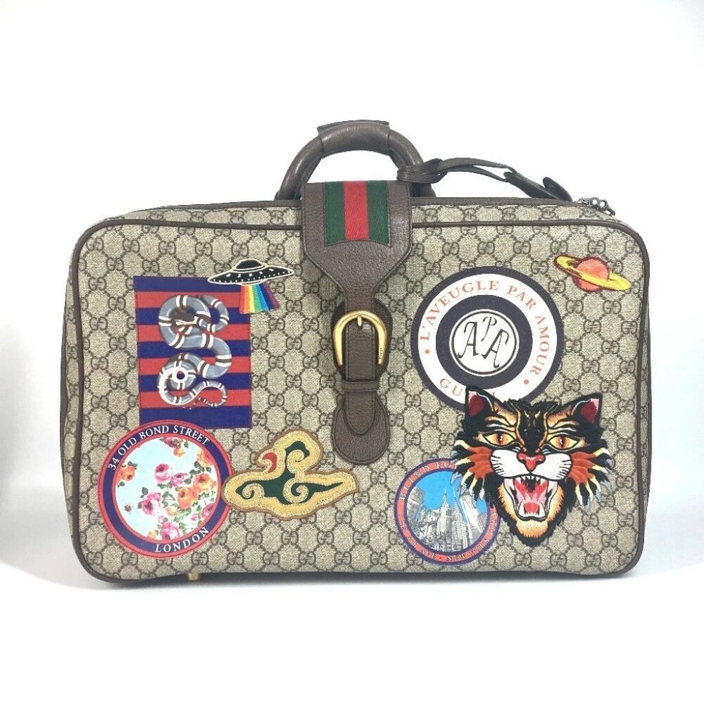 GUCCI 424501 GG Supreme Angry Cat Snake Patch Bag Travel Bag Trunk Duffle Bag
